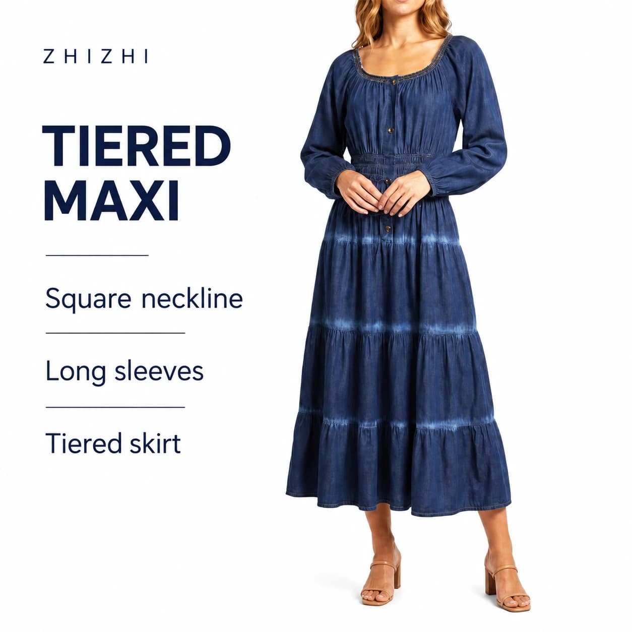 Navy Square-Neck Tiered Maxi Dress — Square neckline, Long sleeves, Tiered skirt; AI-composed catalog presentation