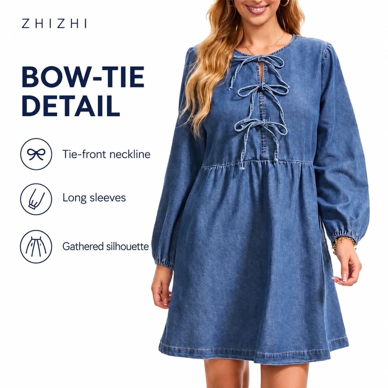 Blue Bow-Tie Babydoll Dress — Tie-front neckline, Long sleeves, Gathered silhouette; AI-composed catalog presentation