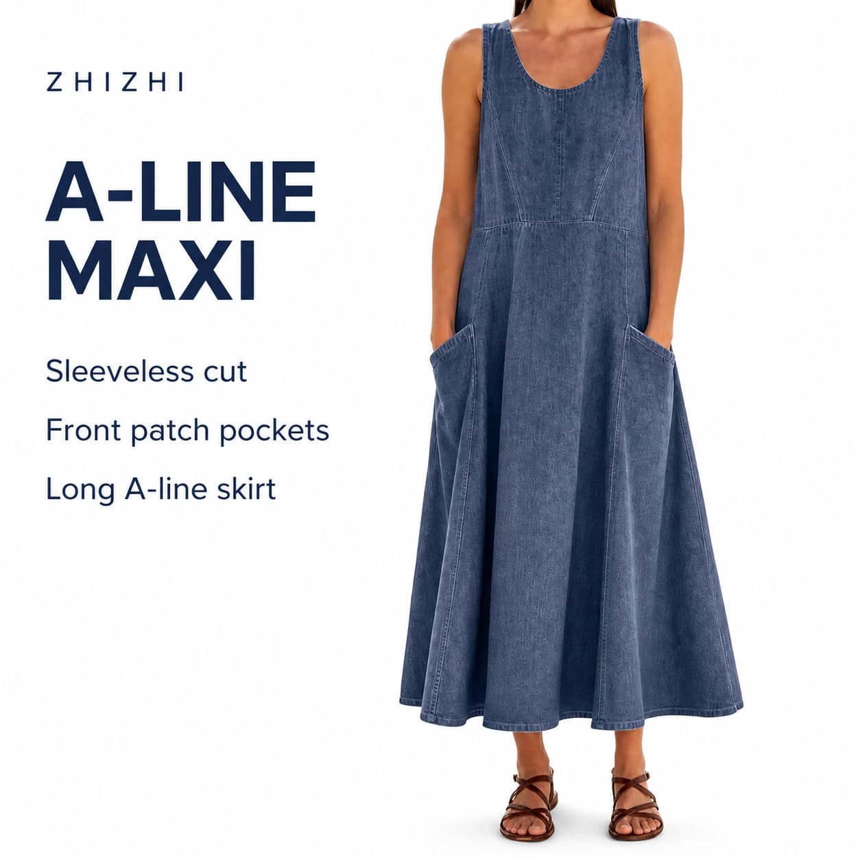 Washed Indigo Sleeveless A-Line Maxi Dress — Sleeveless cut, Front patch pockets, Long A-line skirt; AI-composed catalog presentation