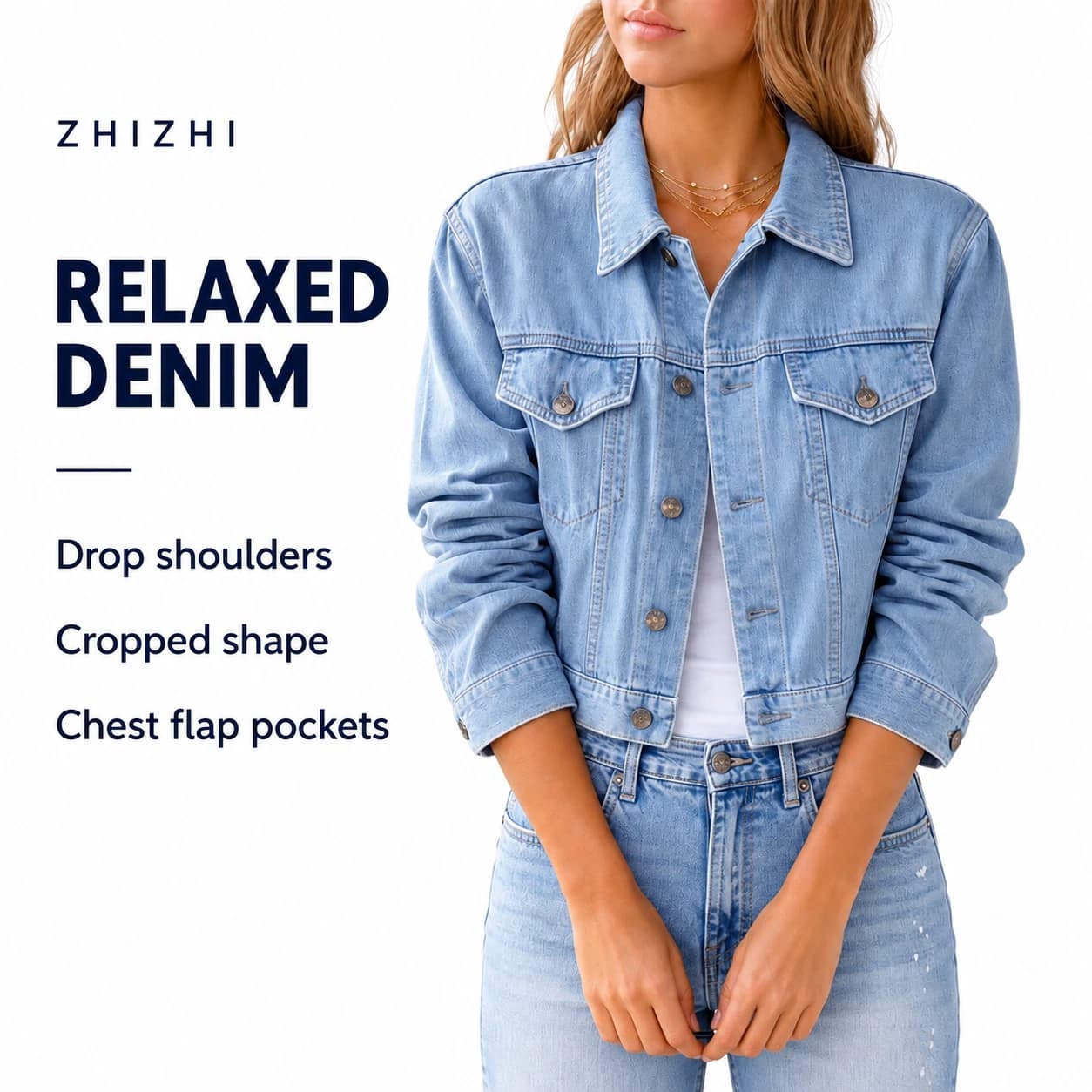 Light Blue Drop-Shoulder Denim Jacket — Drop shoulders, Cropped shape, Chest flap pockets; AI-composed catalog presentation