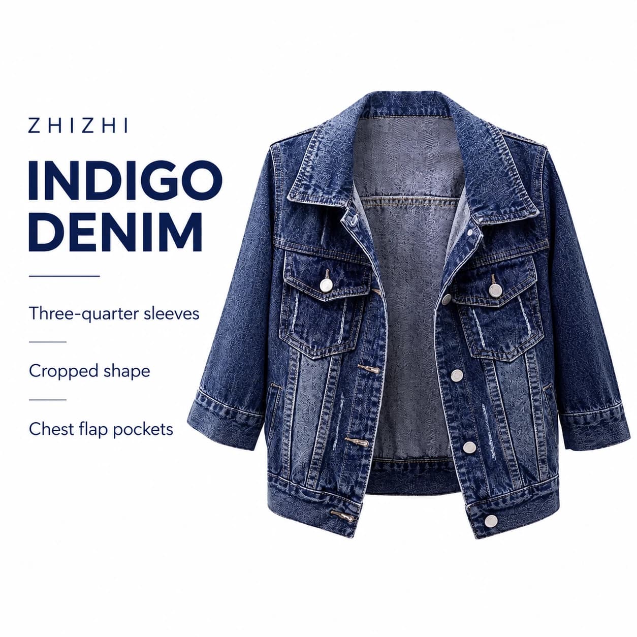 Dark Indigo Three-Quarter Sleeve Denim Jacket — Three-quarter sleeves, Cropped shape, Chest flap pockets; AI-composed catalog presentation