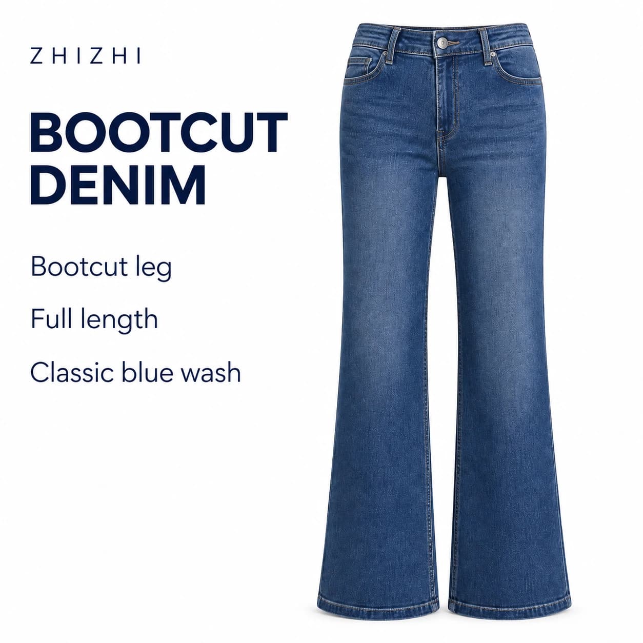 Classic Blue Bootcut Jeans — Bootcut leg, Full length, Classic blue wash; AI-composed catalog presentation
