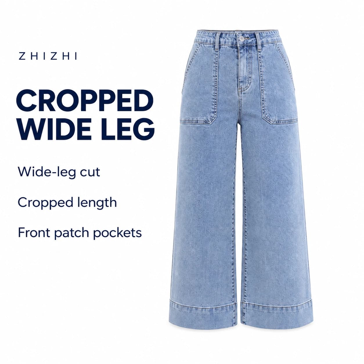Light Blue Cropped Wide-Leg Jeans — Wide-leg cut, Cropped length, Front patch pockets; AI-composed catalog presentation