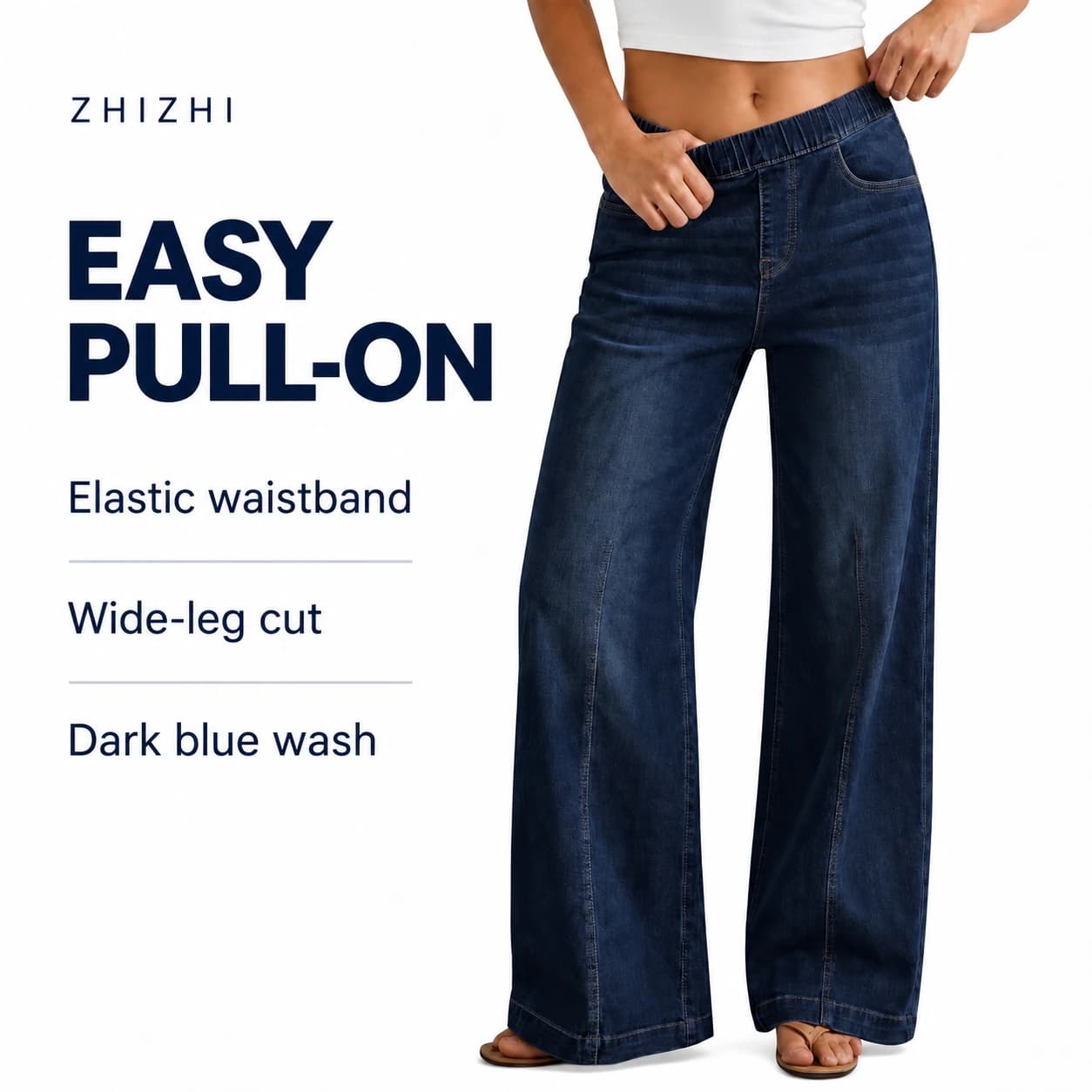 Dark Blue Elastic-Waist Jeans — Elastic waistband, Wide-leg cut, Dark blue wash; AI-composed catalog presentation