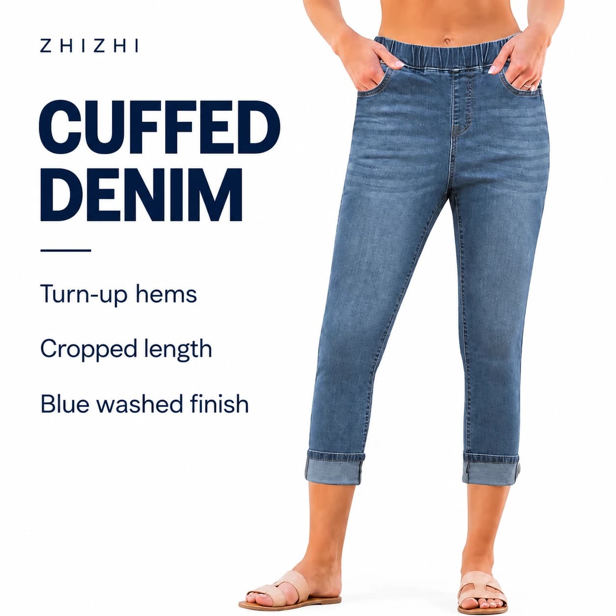 Vintage Blue Cuffed Cropped Jeans — Turn-up hems, Cropped length, Blue washed finish; AI-composed catalog presentation