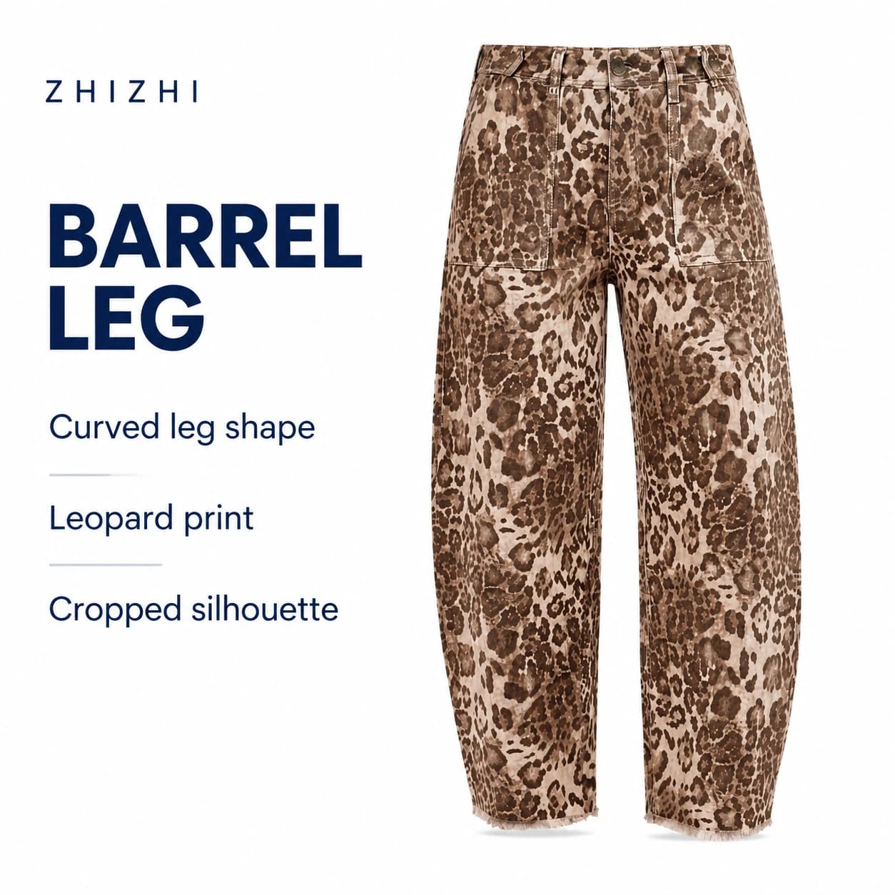 Leopard-Print Barrel-Leg Trousers — Curved leg shape, Leopard print, Cropped silhouette; AI-composed catalog presentation