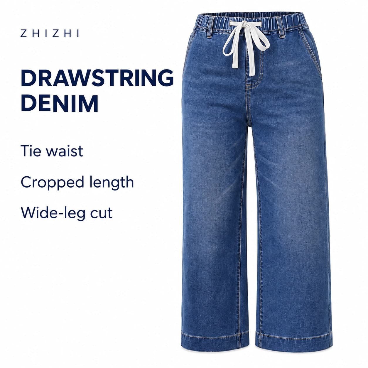 Blue Drawstring Cropped Wide-Leg Jeans — Tie waist, Cropped length, Wide-leg cut; AI-composed catalog presentation