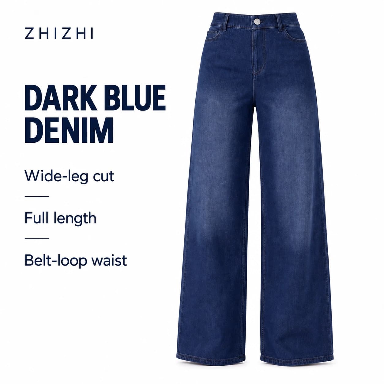 Dark Blue Wide-Leg Jeans — Wide-leg cut, Full length, Belt-loop waist; AI-composed catalog presentation