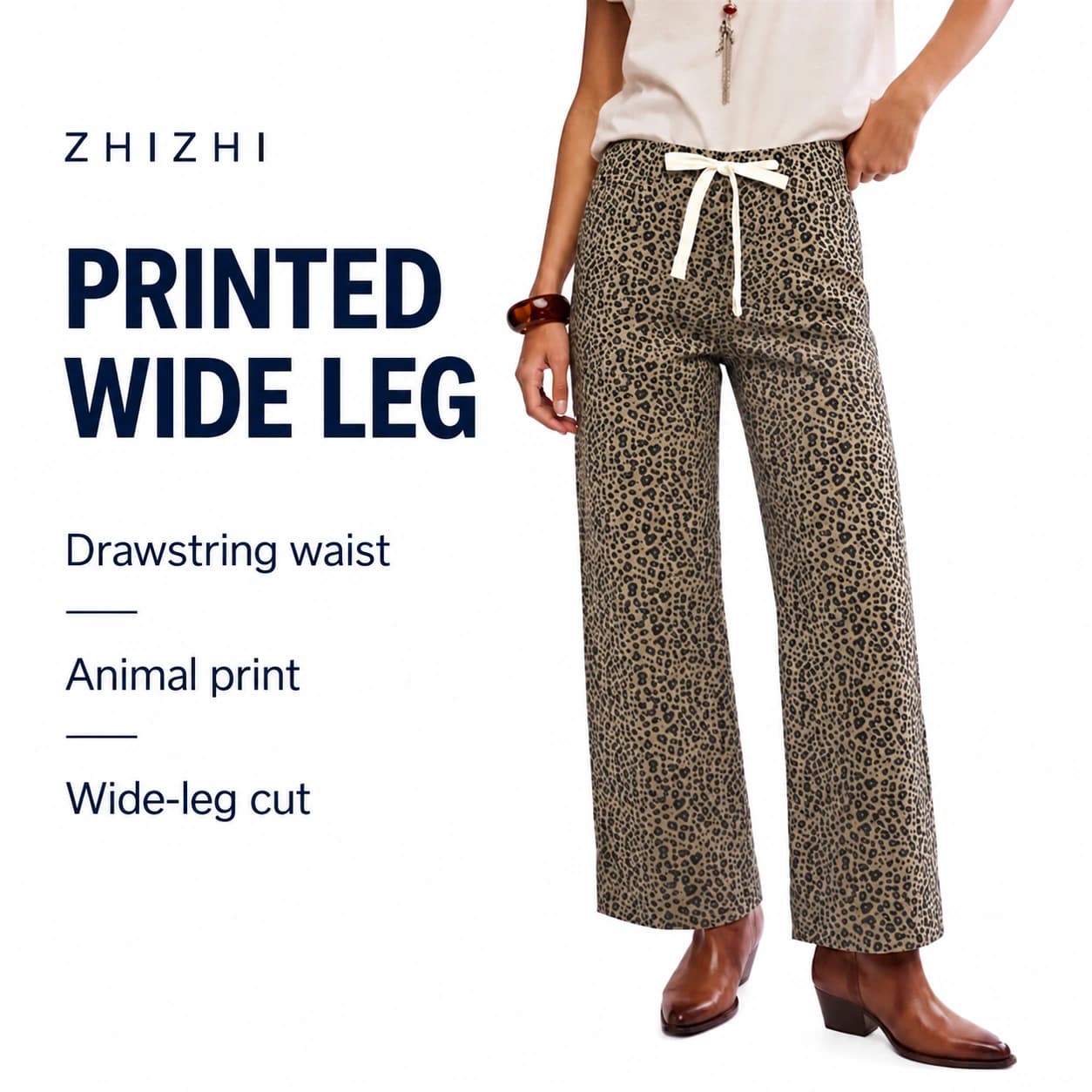 Animal-Print Drawstring Wide-Leg Trousers — Drawstring waist, Animal print, Wide-leg cut; AI-composed catalog presentation