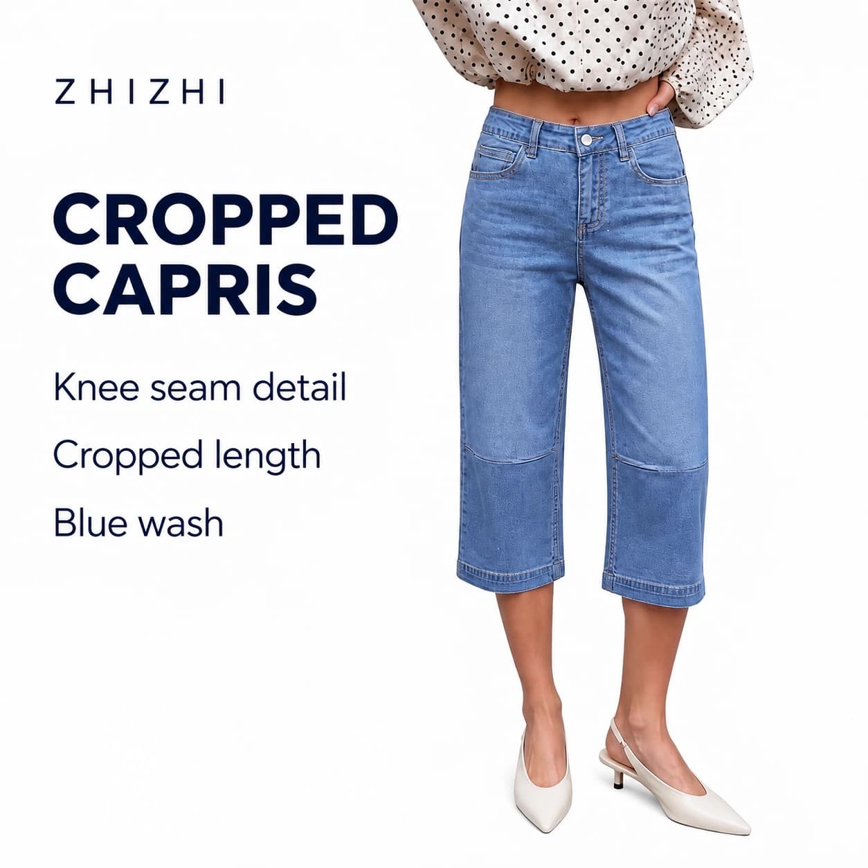 Knee-Seam Cropped Denim Capris — Knee seam detail, Cropped length, Blue wash; AI-composed catalog presentation