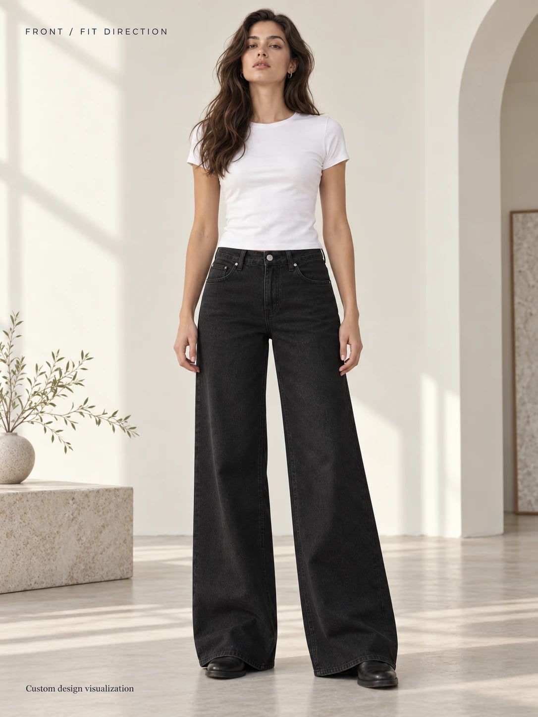 Zwarte damesjeans met middelhoge taille en wijde pijpen voor maatwerkontwikkeling — vooraanzicht — ontwerpvisualisatie