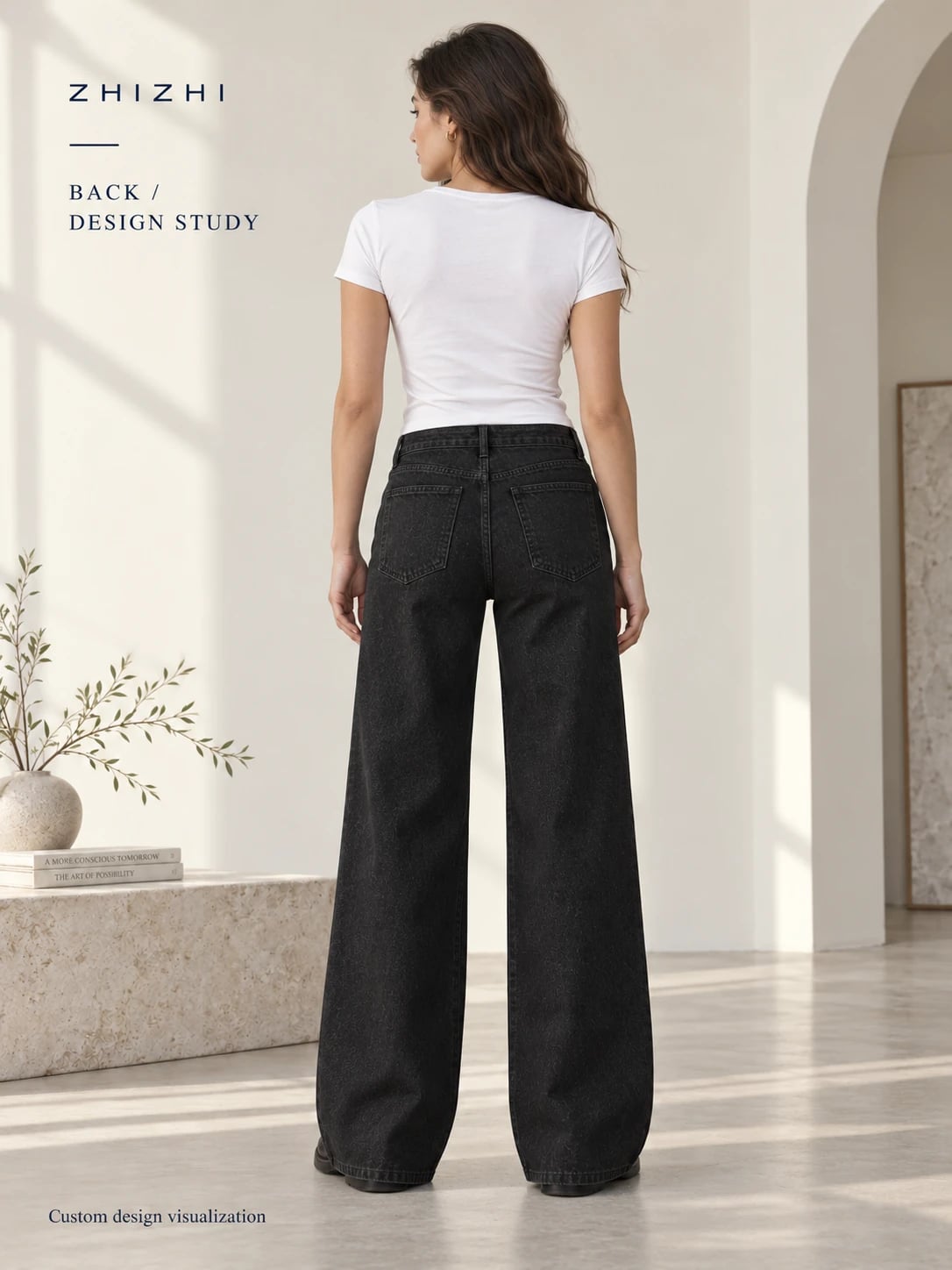 Zwarte damesjeans met middelhoge taille en wijde pijpen voor maatwerkontwikkeling — achteraanzicht — ontwerpvisualisatie