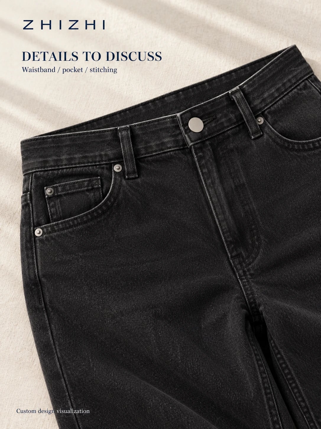 Zwarte damesjeans met middelhoge taille en wijde pijpen voor maatwerkontwikkeling — detail — ontwerpvisualisatie