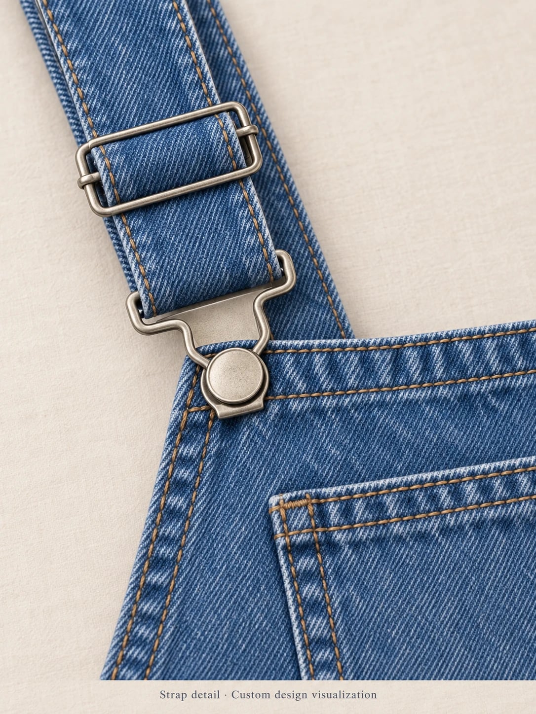 Blaue Damen-Jeanslatzhose mit Barrel-Bein zur individuellen Entwicklung — Detail — Entwurfsvisualisierung