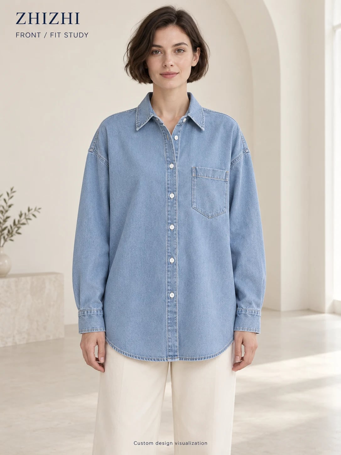 Sviluppo camicia denim azzurro oversize da donna con tasca singola — fronte — visualizzazione del concept