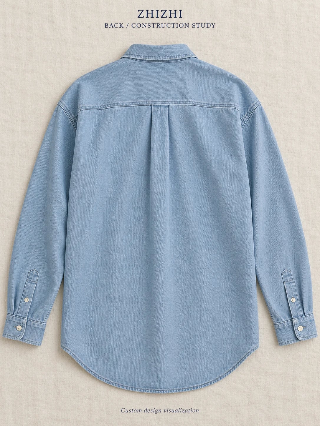 Sviluppo camicia denim azzurro oversize da donna con tasca singola — retro — visualizzazione del concept