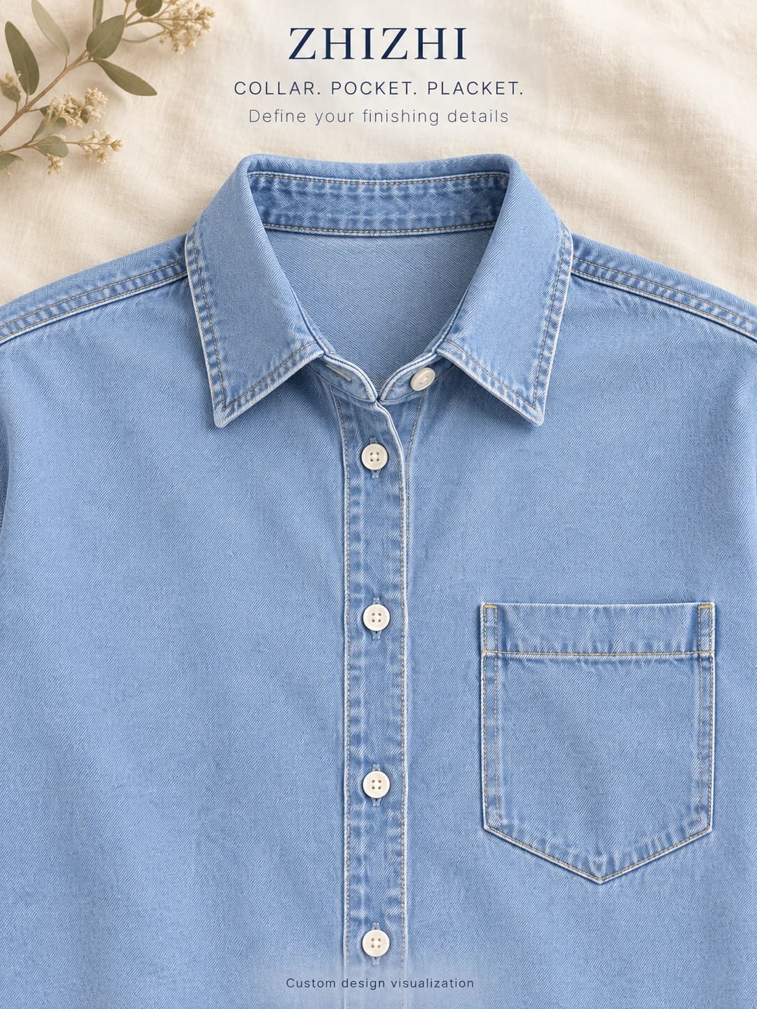 Sviluppo camicia denim azzurro oversize da donna con tasca singola — dettaglio — visualizzazione del concept