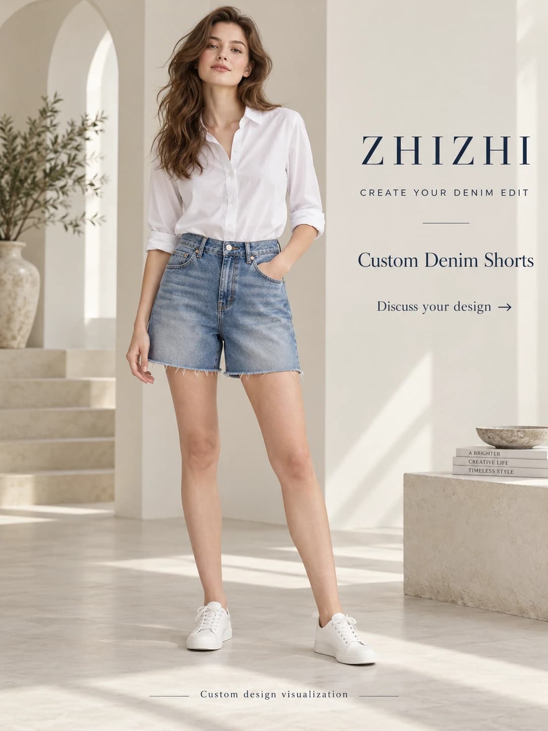 ZHIZHI blue high-waist raw-hem denim shorts — hero — custom design visualization