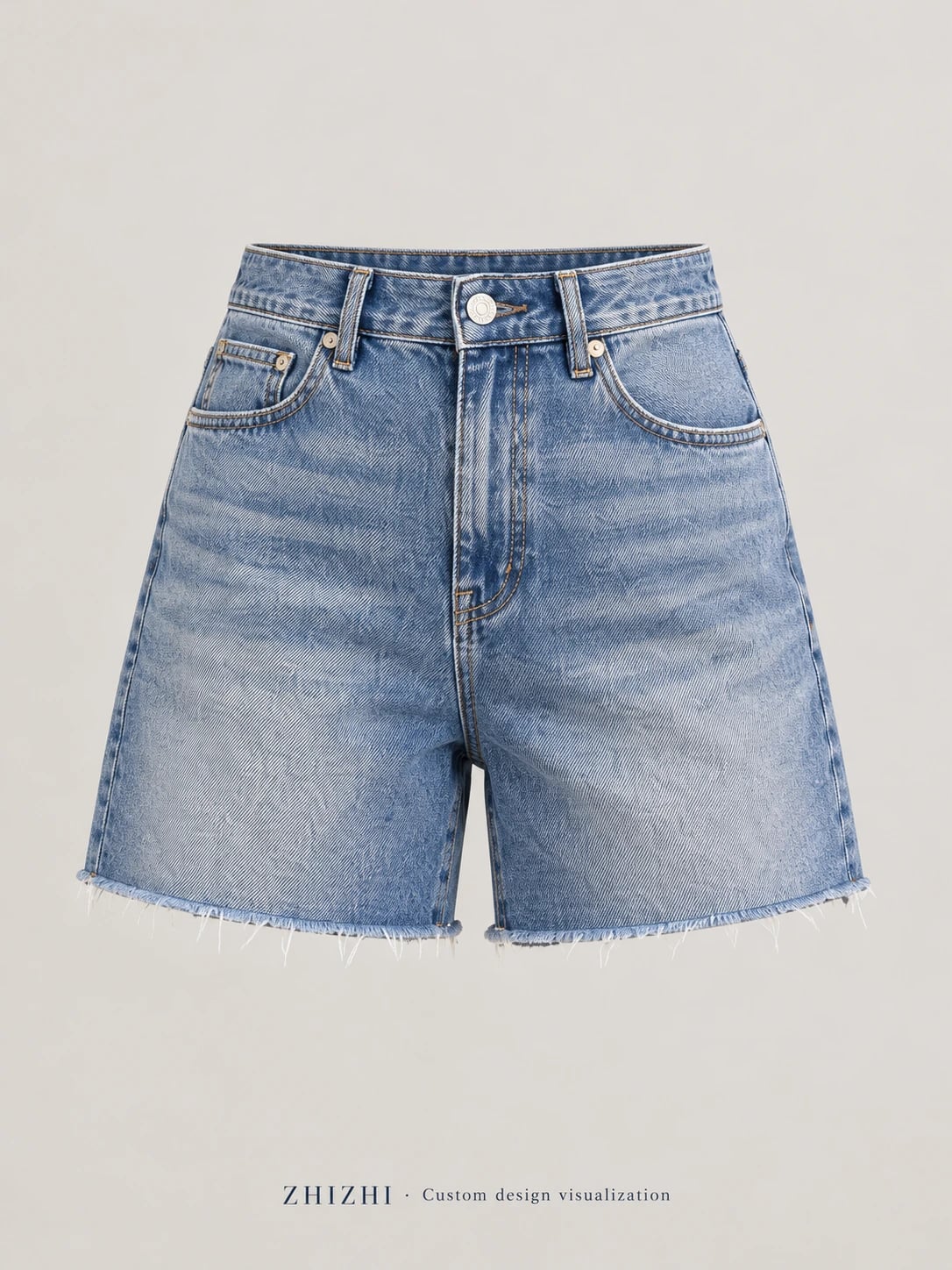 Desarrollo de shorts vaqueros azules de cintura alta y bajo deshilachado — frente — visualización del diseño