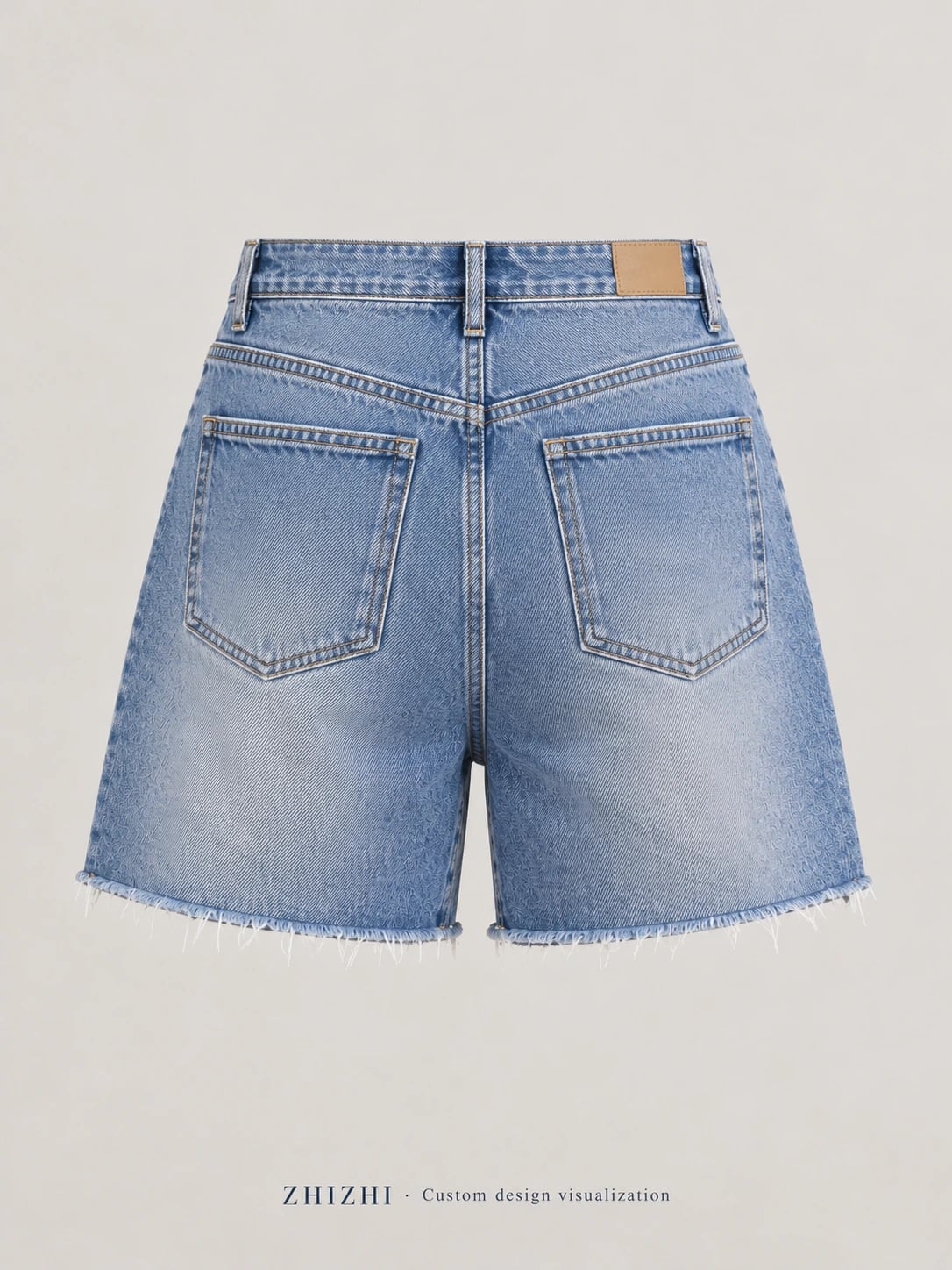 Desarrollo de shorts vaqueros azules de cintura alta y bajo deshilachado — espalda — visualización del diseño
