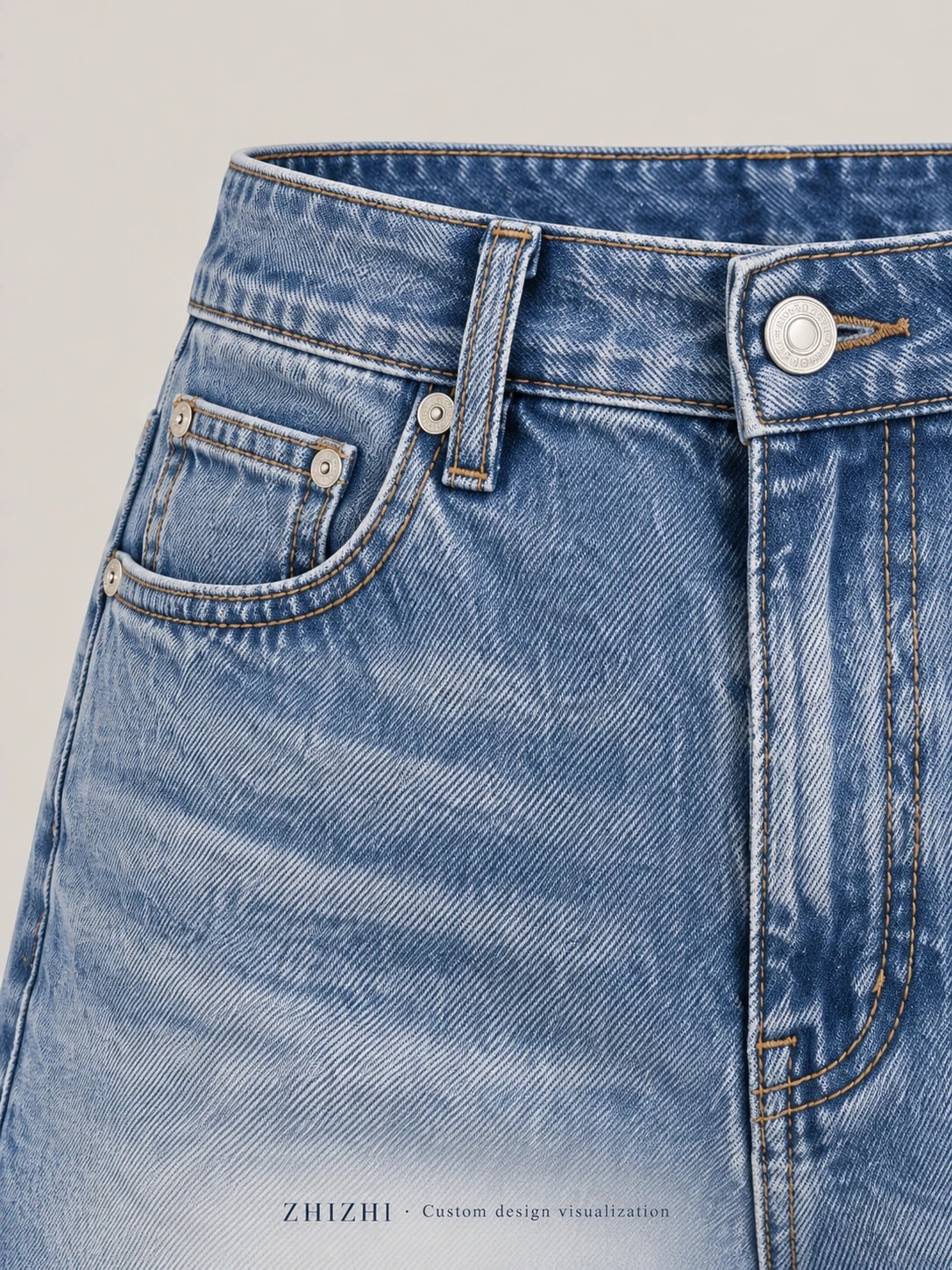 Desarrollo de shorts vaqueros azules de cintura alta y bajo deshilachado — detalle — visualización del diseño