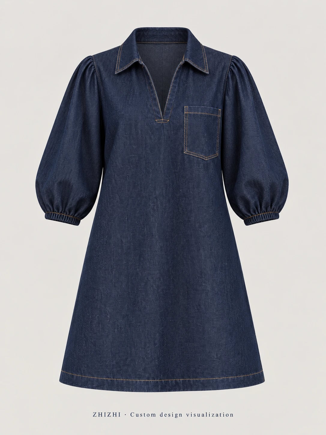 Women's Indigo Puff Sleeve Denim Dress Custom Development — front — custom design visualization