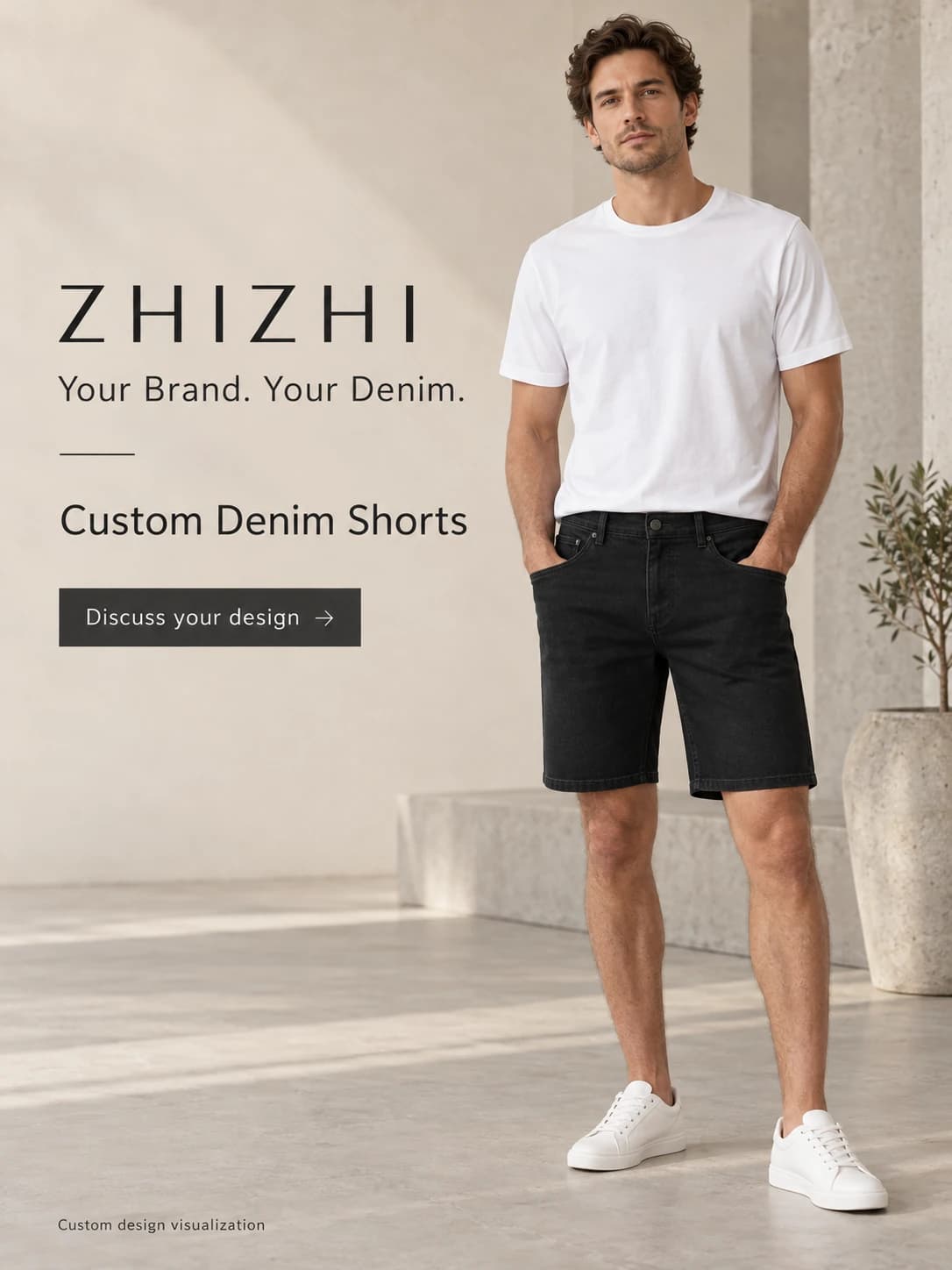 ZHIZHI mens black denim shorts — hero — custom design visualization