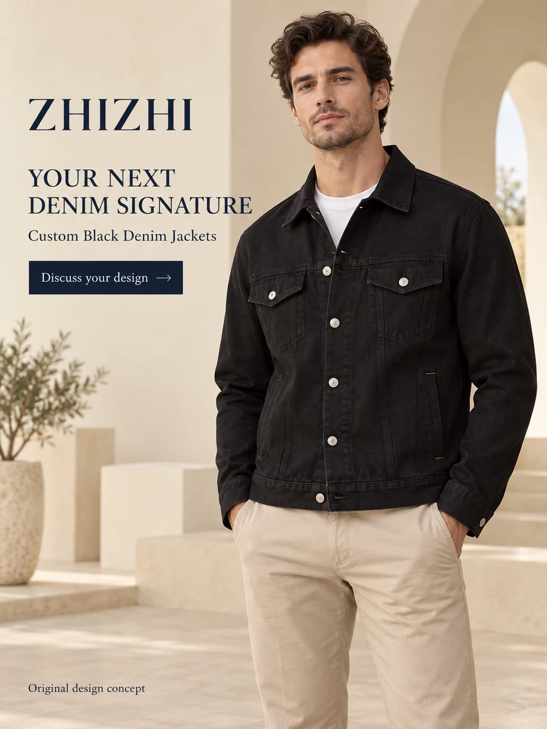 ZHIZHI mens black denim trucker jacket — advertisement — original design concept