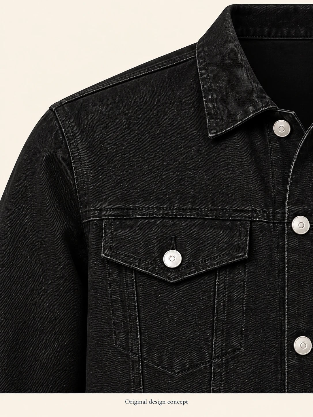 Desarrollo de chaqueta vaquera negra de hombre con solapas — detalle — visualización del diseño