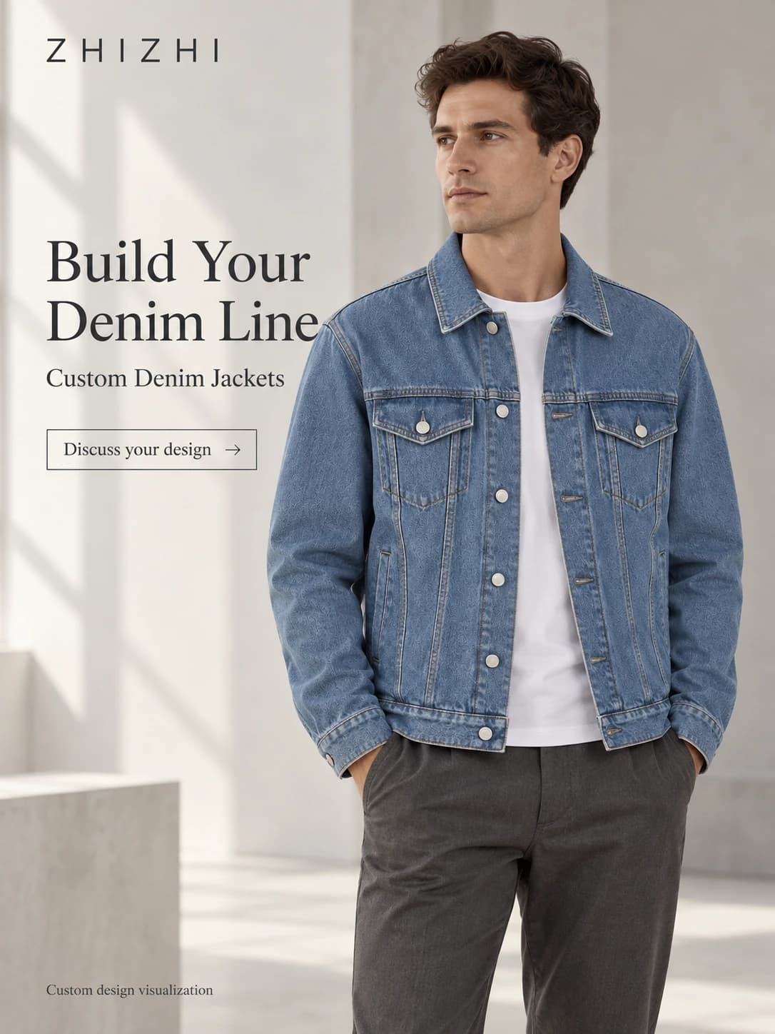 ZHIZHI mens blue denim trucker jacket — hero — custom design visualization