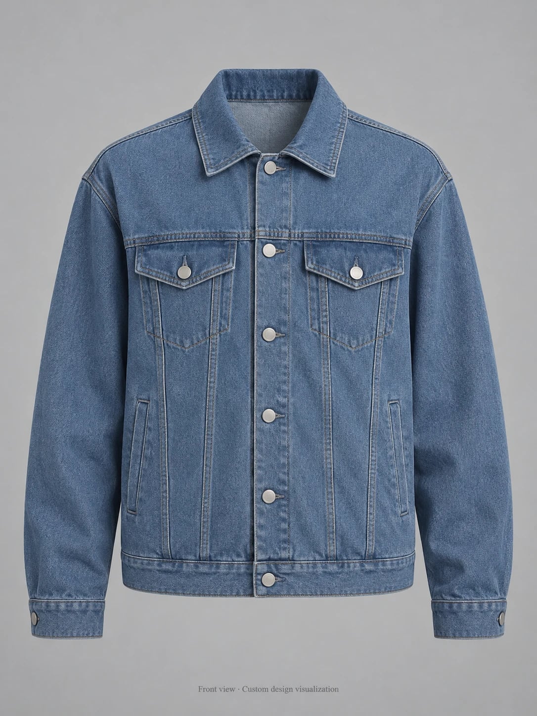 Sviluppo su misura di giacca denim blu da uomo — fronte — visualizzazione del concept