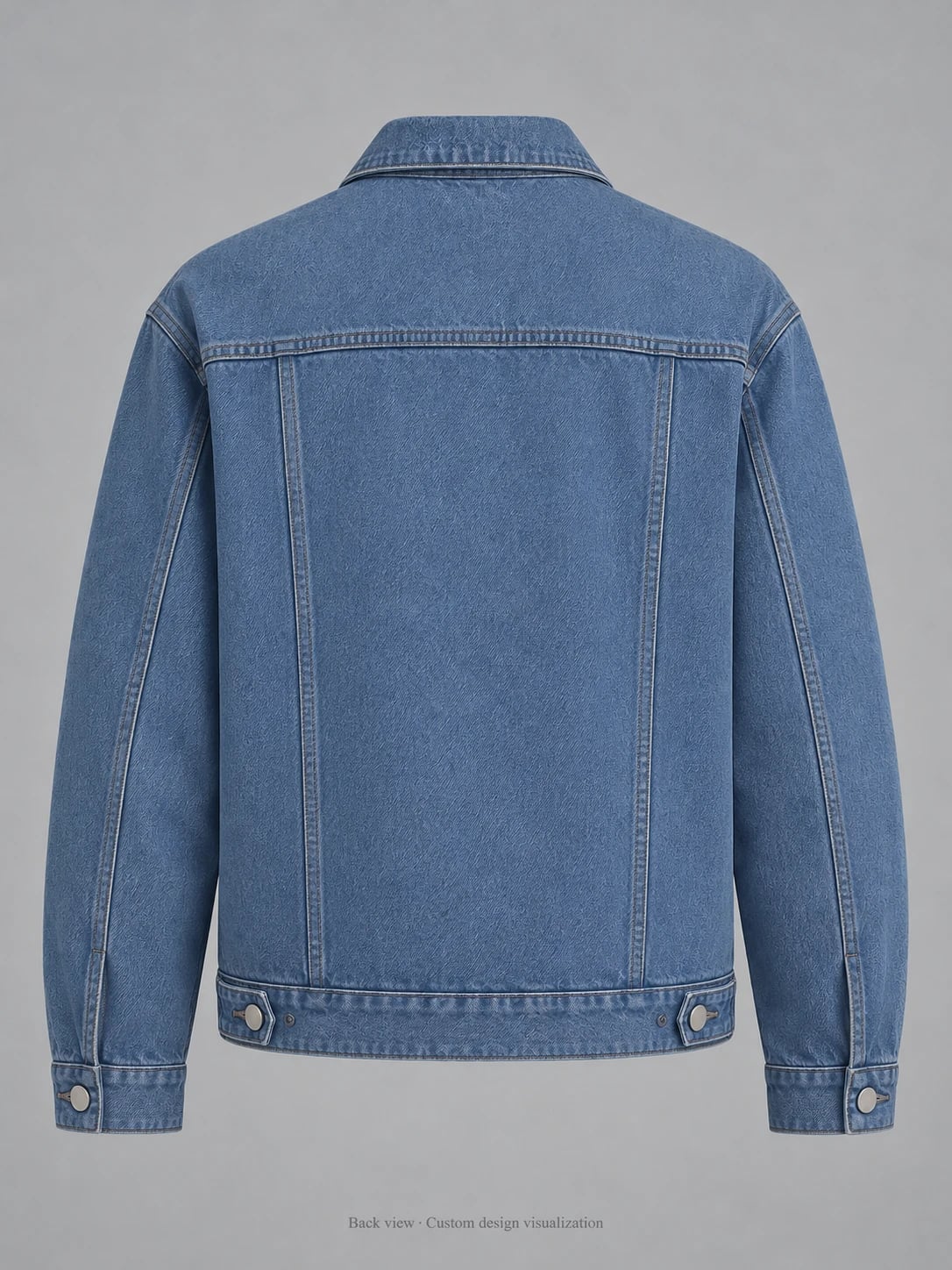 Sviluppo su misura di giacca denim blu da uomo — retro — visualizzazione del concept