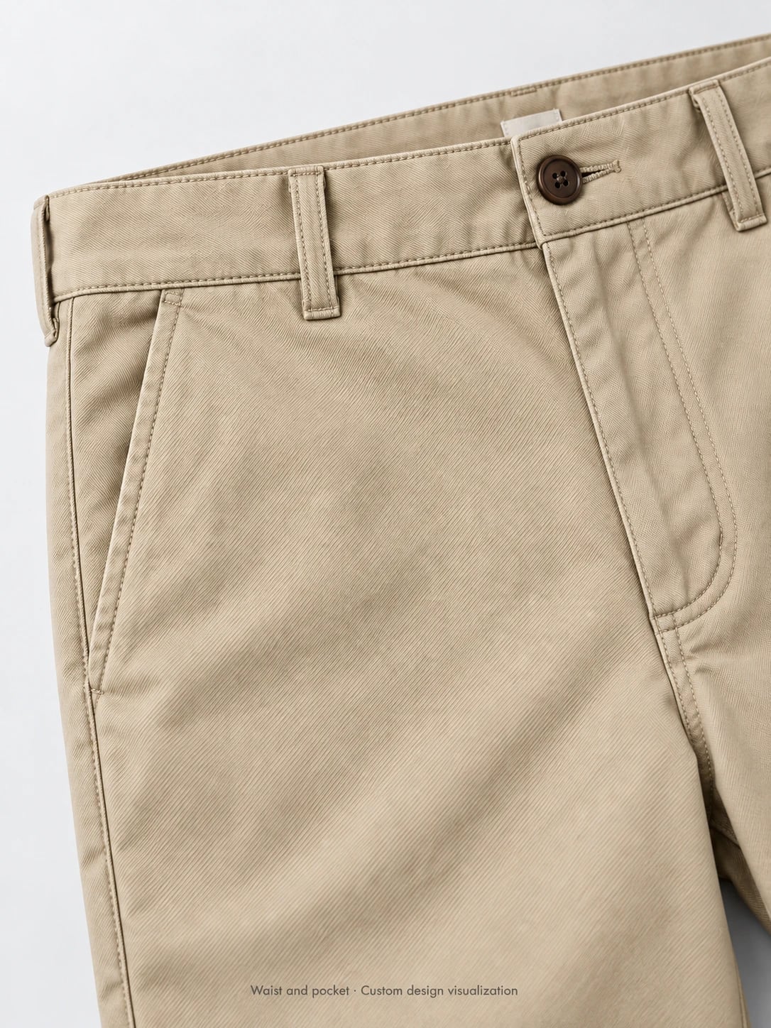 Développement de chinos homme en sergé kaki personnalisés — détail — visualisation du concept