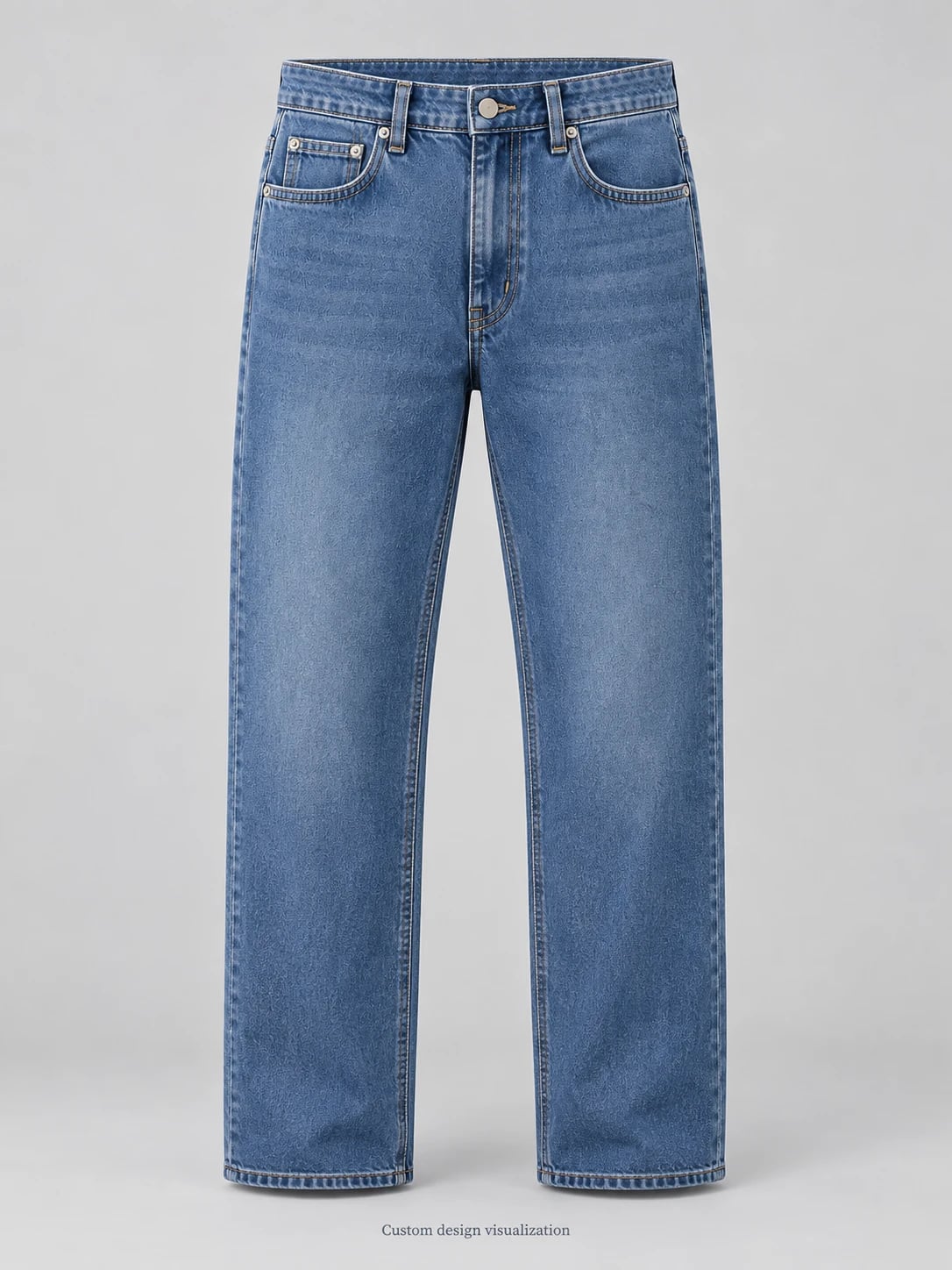 Sviluppo di jeans uomo blu dritti dalla linea comoda — fronte — visualizzazione del concept