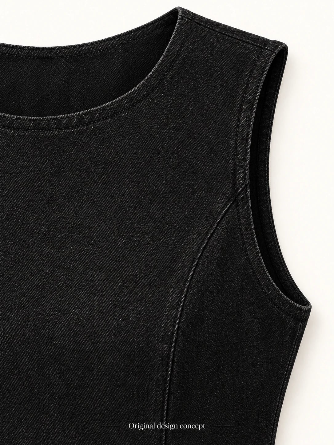 Schwarzes ärmelloses Damen-Jeanskleid entwickeln — Detail — Entwurfsvisualisierung
