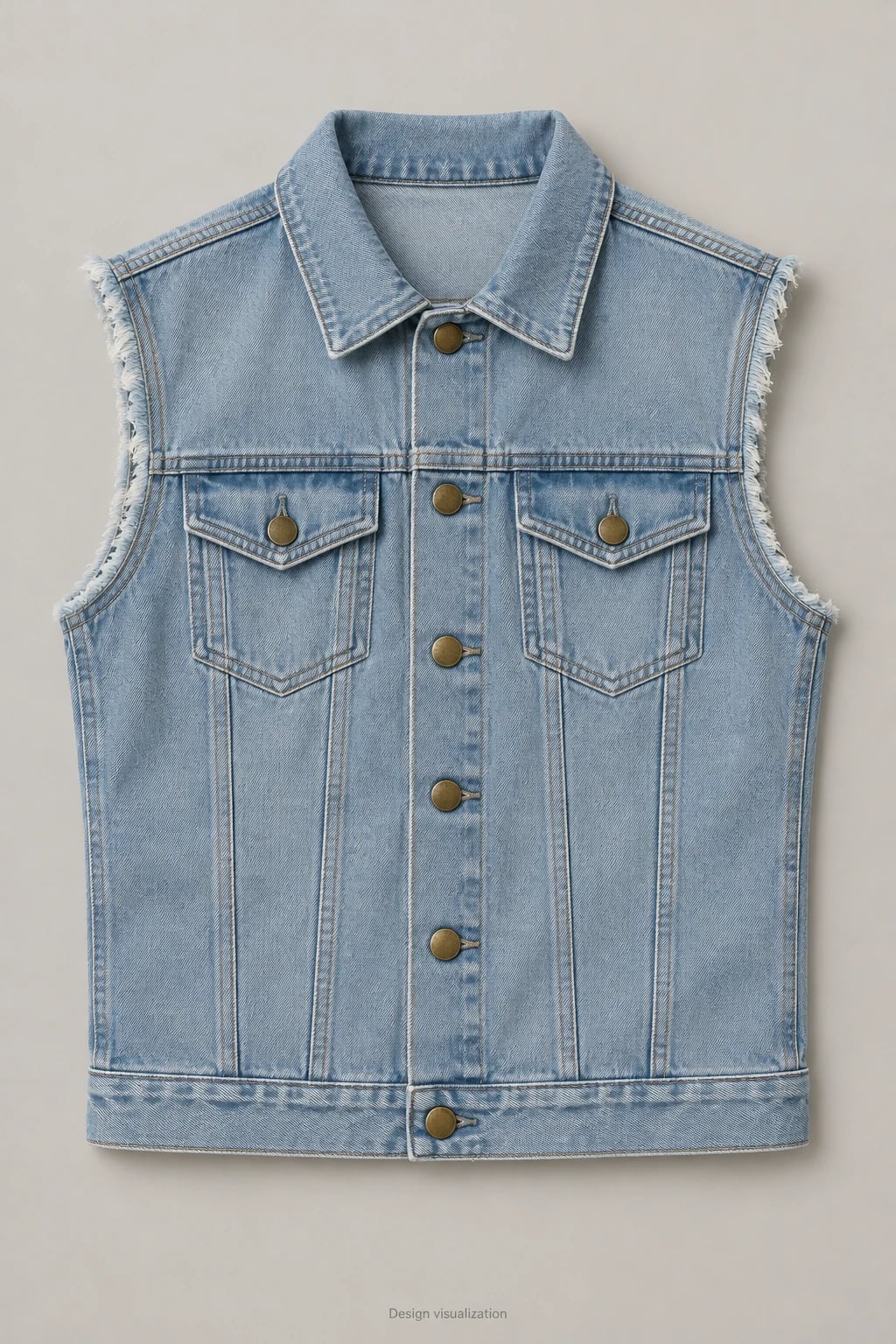 Colete jeans azul-claro masculino com cavas desfiadas personalizado — frente — visualização do conceito
