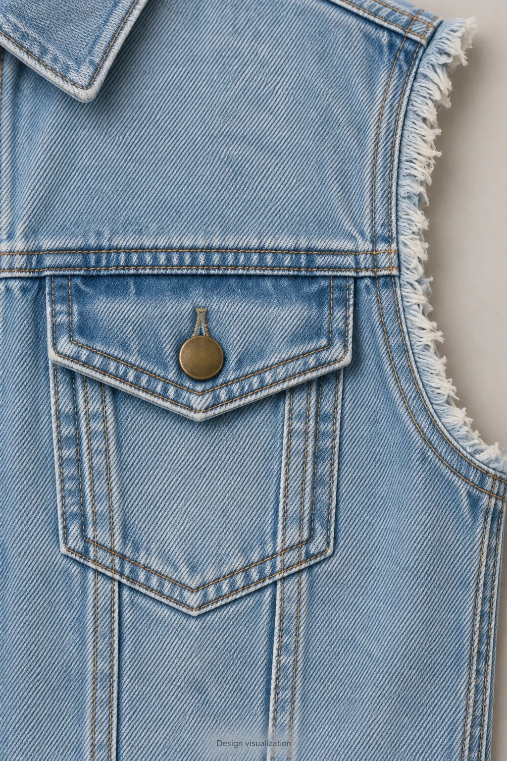 Colete jeans azul-claro masculino com cavas desfiadas personalizado — detalhe — visualização do conceito