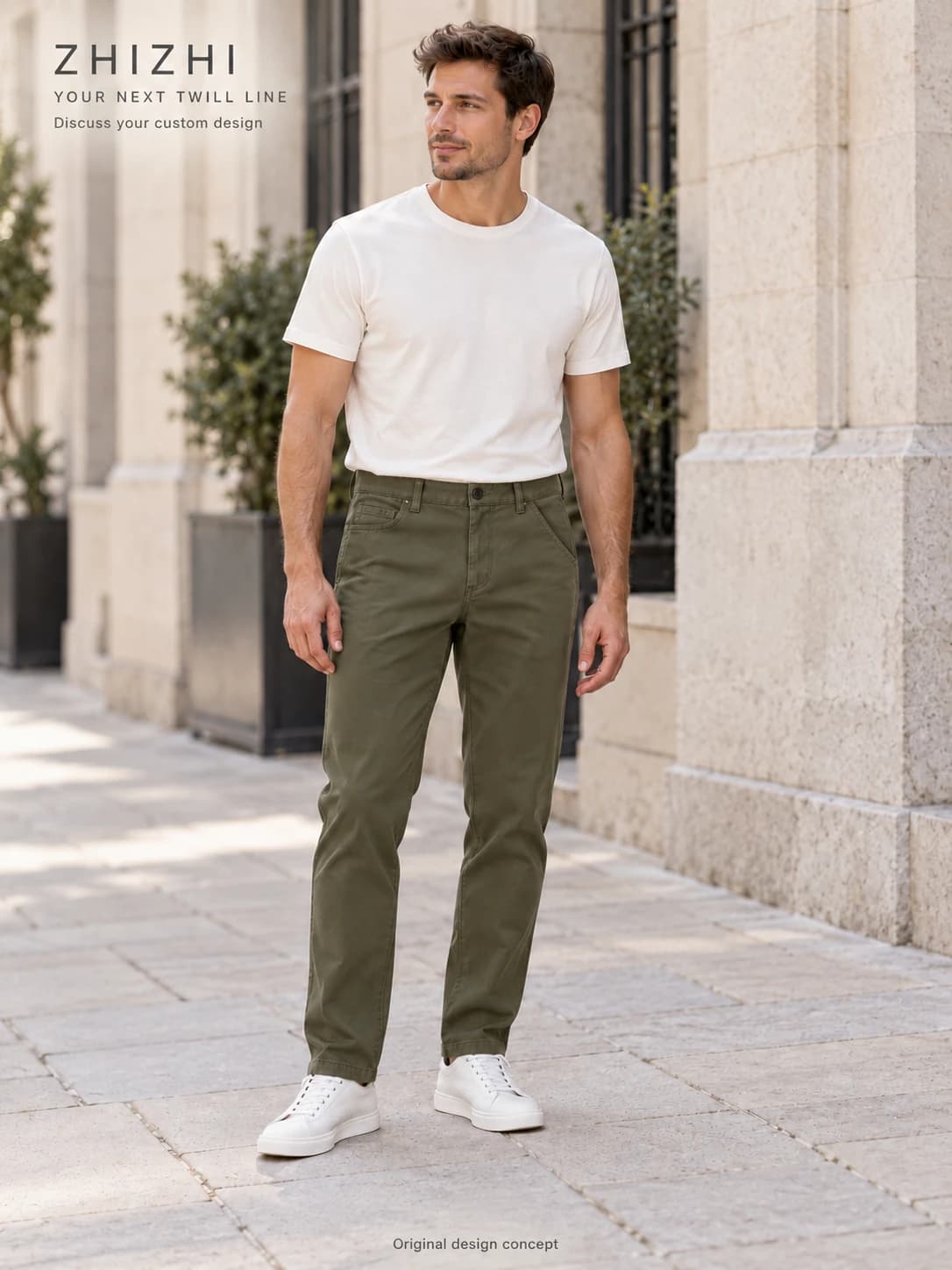 Calça masculina oliva de sarja com cinco bolsos para personalizar · AI custom design visualization