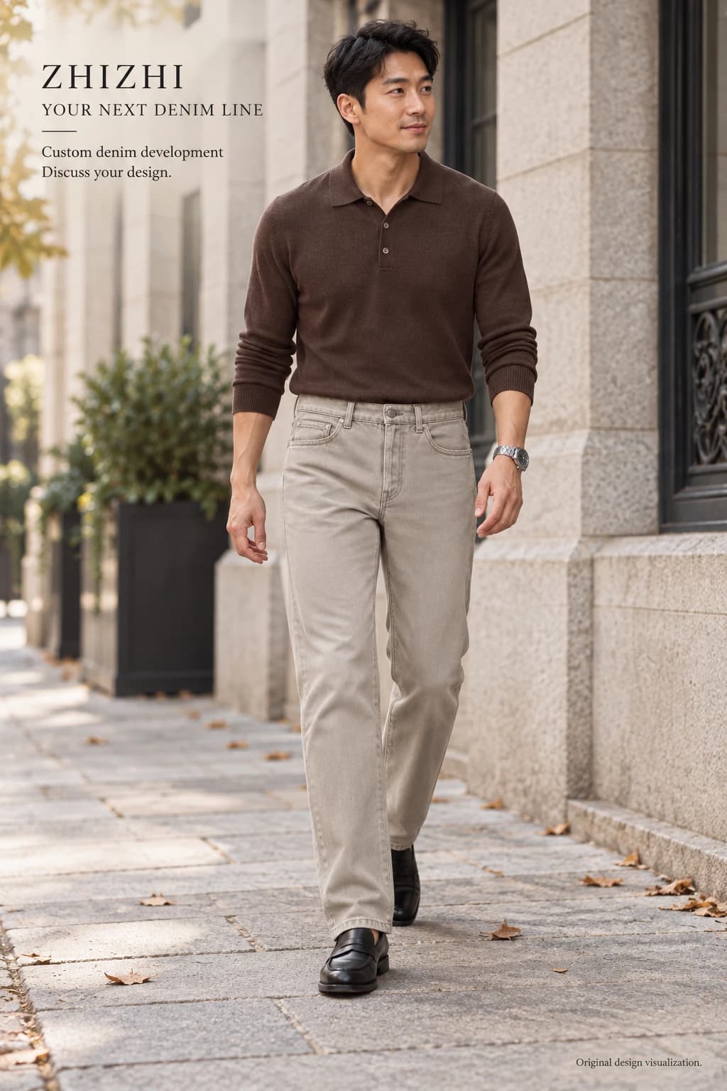 Jeans masculinos taupe retos personalizados · AI custom design visualization