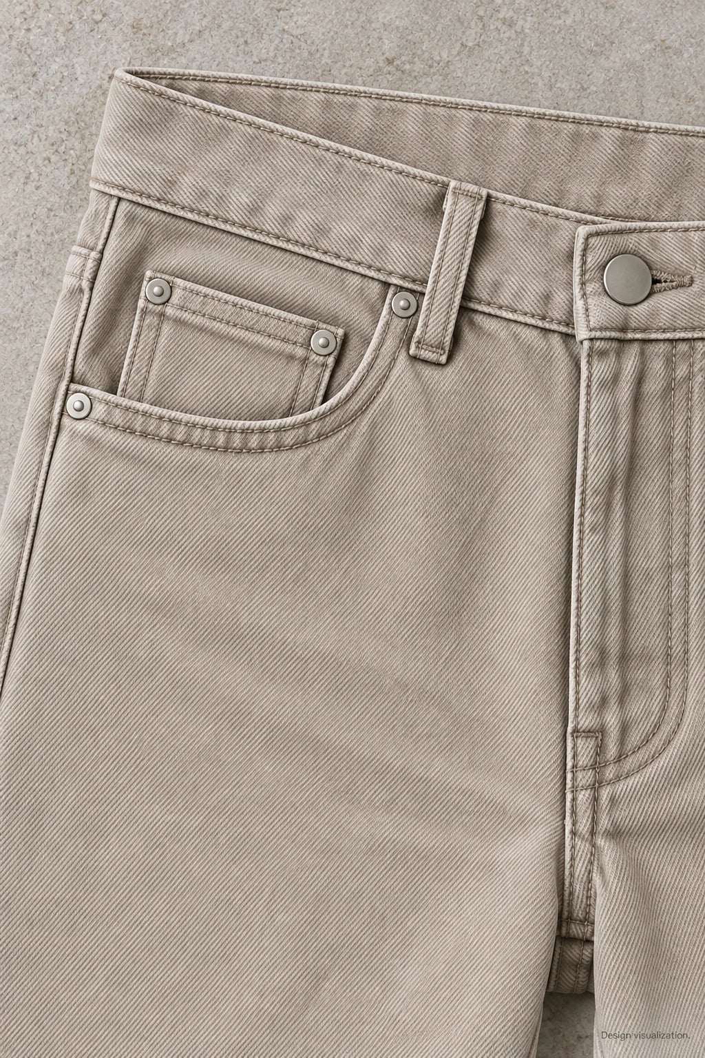 Jean homme taupe droit cinq poches sur mesure — détail — visualisation du concept
