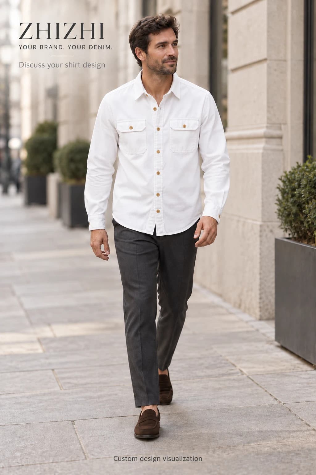 Camisa jeans branca masculina com bolsos de pala personalizada · AI custom design visualization