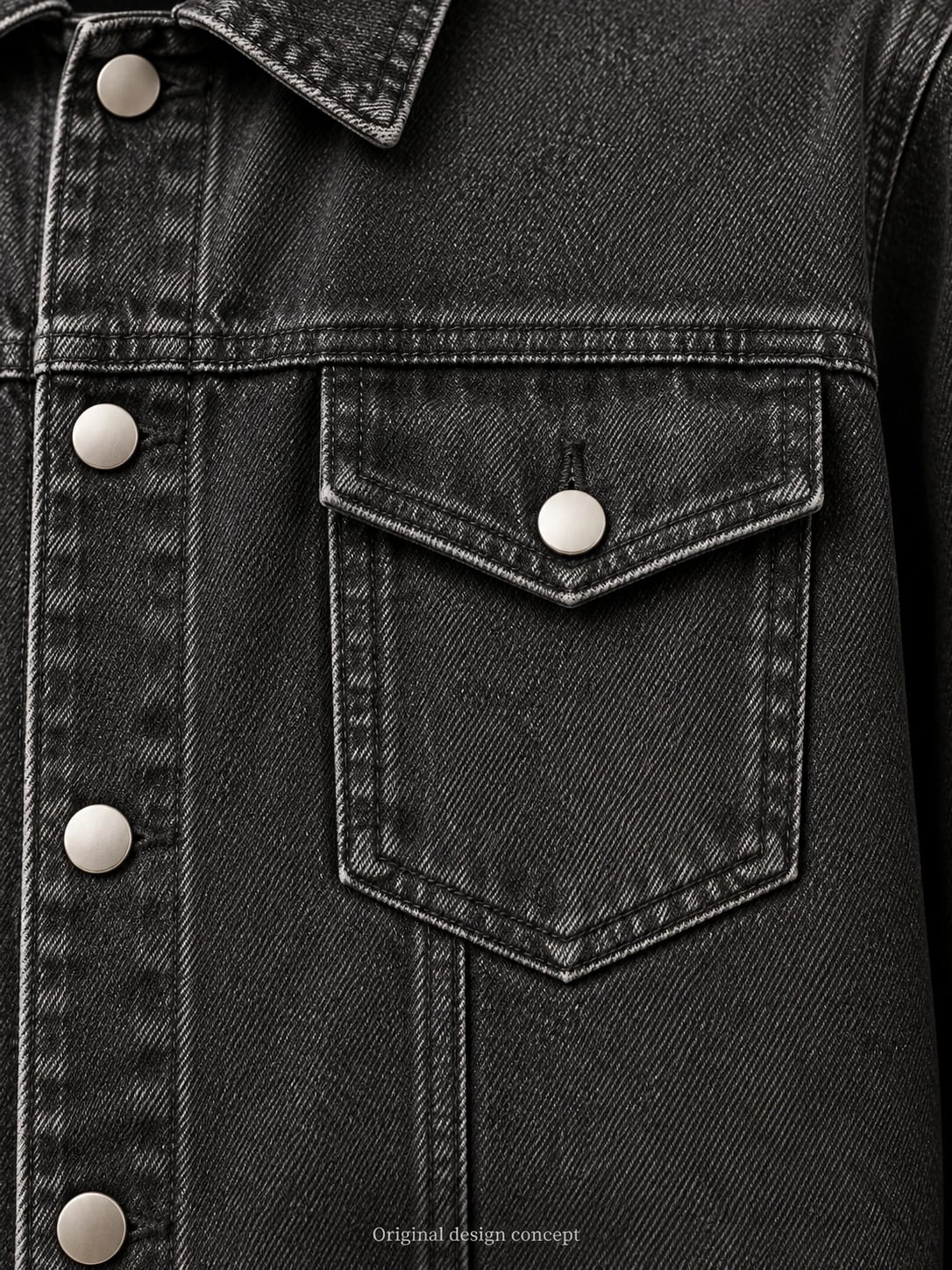 Jaqueta híbrida unissex em denim antracite com capuz sob medida — detalhe — visualização do conceito