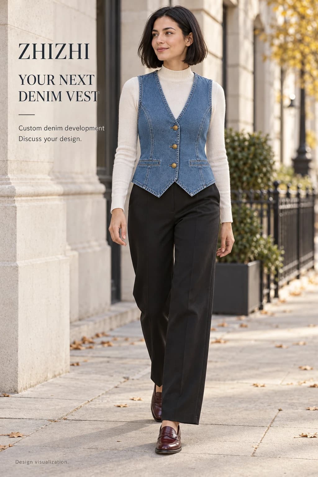 Colete jeans azul feminino com decote V personalizado · AI custom design visualization
