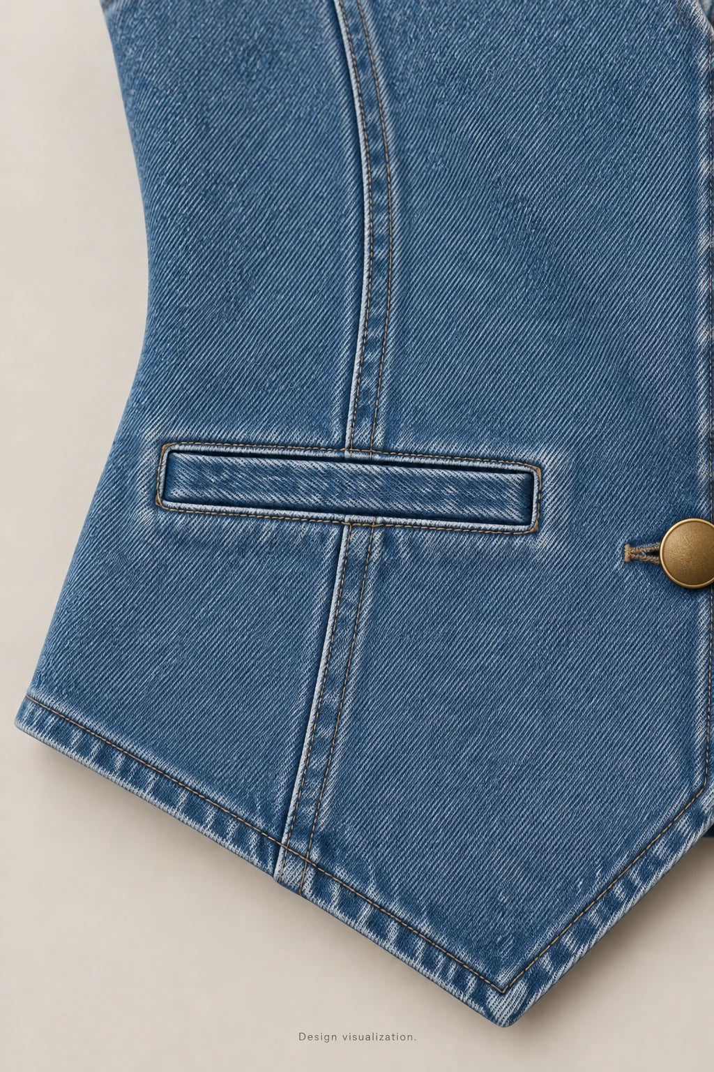 Colete jeans azul feminino com decote V personalizado — detalhe — visualização do conceito