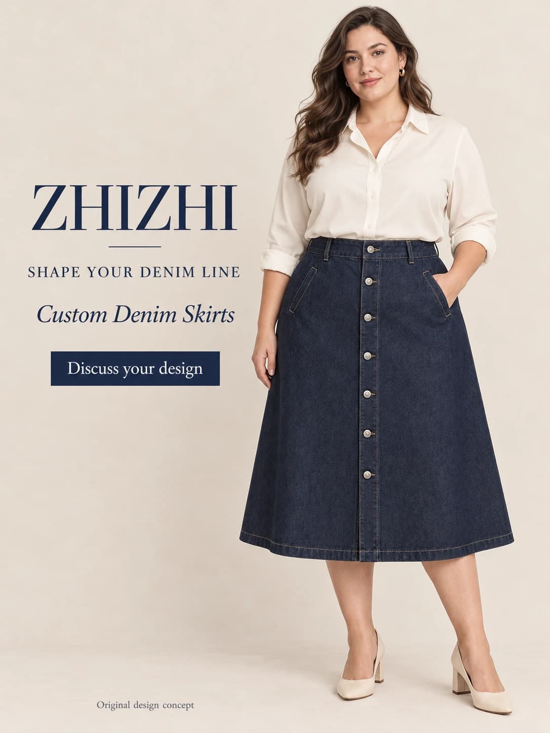 Saia midi jeans plus size com botões sob encomenda · AI custom design visualization