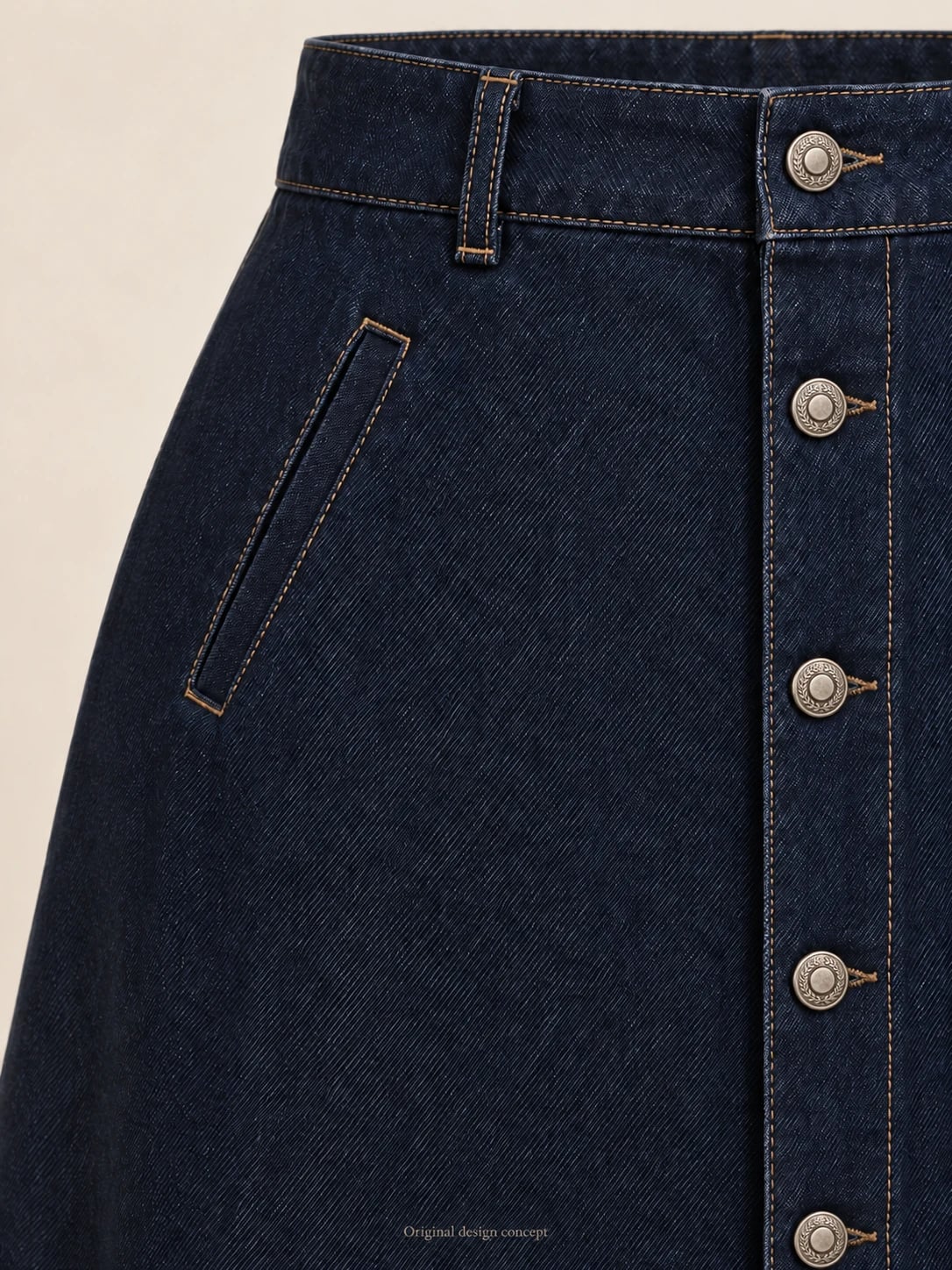 Gonna midi denim taglie comode con bottoni su misura — dettaglio — visualizzazione del concept