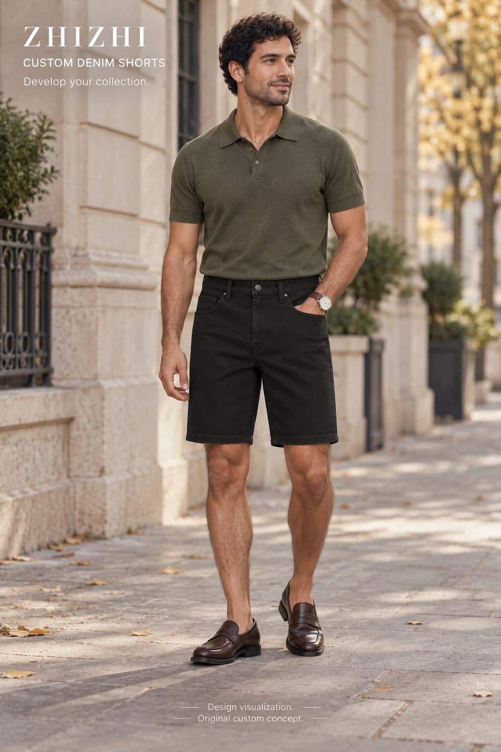Bermuda jeans masculina preta reta personalizada · AI custom design visualization