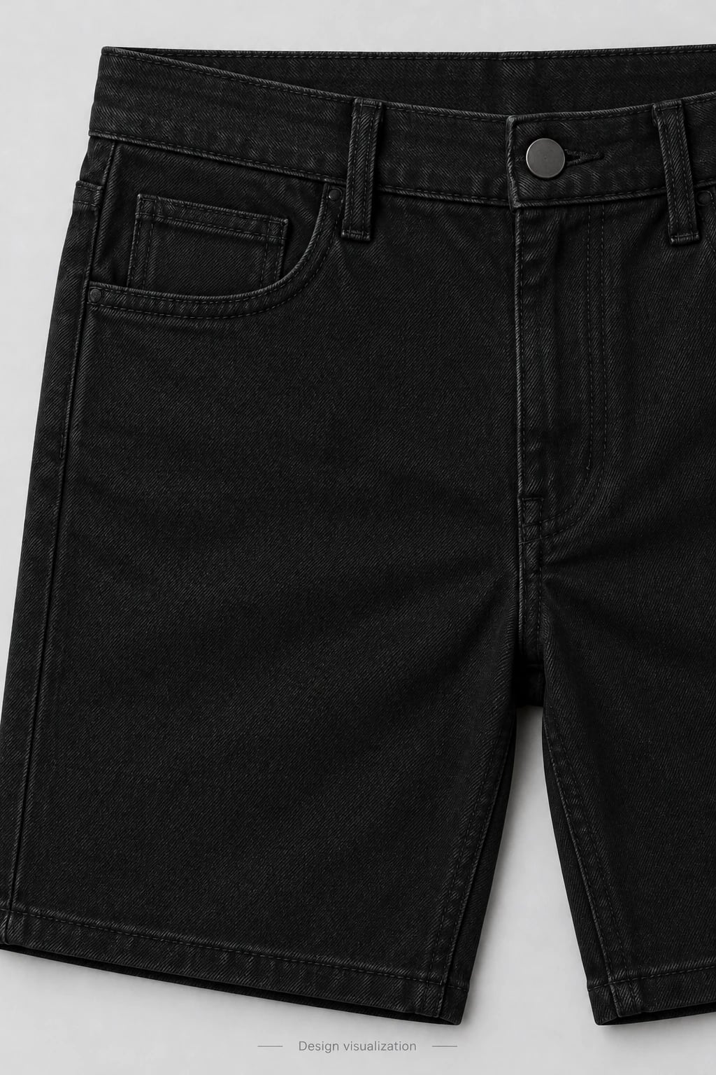Bermuda jeans masculina preta reta personalizada — detalhe — visualização do conceito