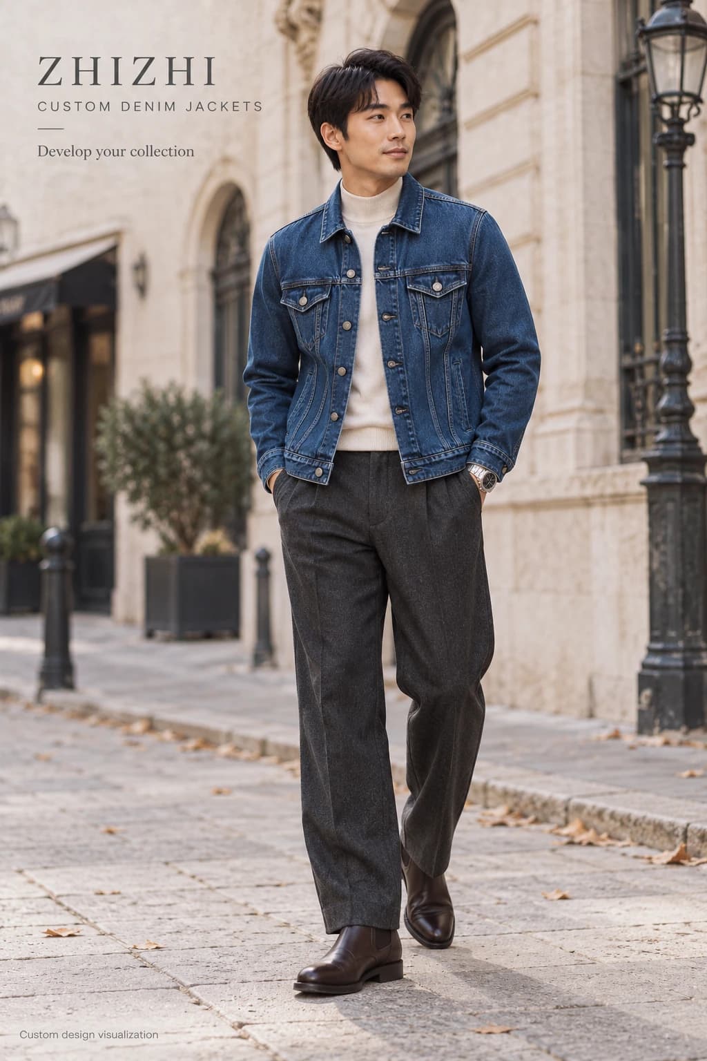 Jaqueta jeans masculina índigo lavada personalizada · AI custom design visualization