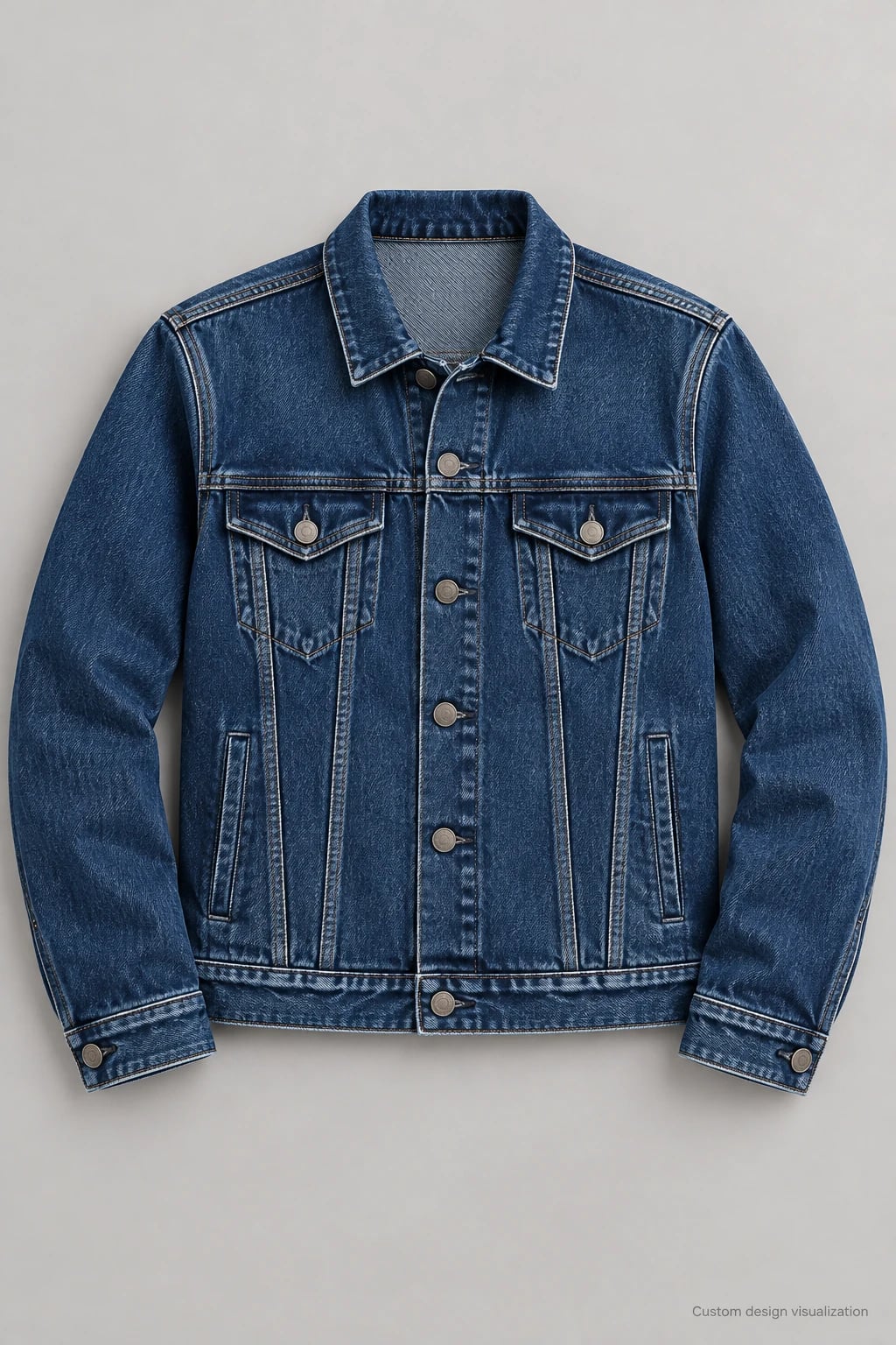 Veste jean homme indigo délavé à poches à rabat personnalisée — face — visualisation du concept